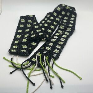 Handmade micro seed bead belt with fringe black, green, white vintage wrap belt